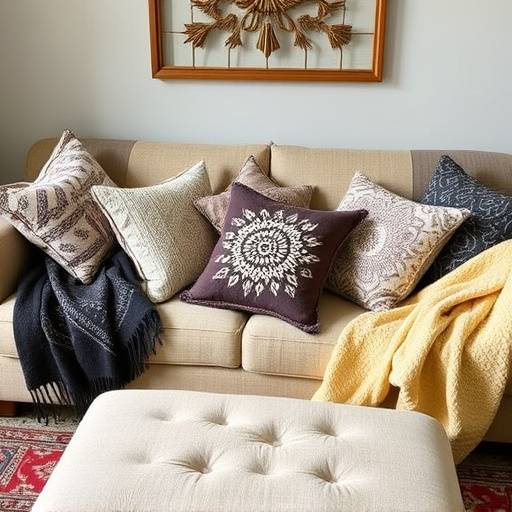 Canap&radic;&copy; avec de nombreux coussins d&radic;&copy;coratifs et plaids