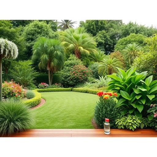 Jardin paysager luxuriant avec une terrasse en bois