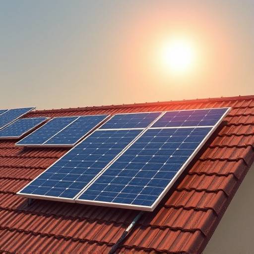 Panneau solaire sur le toit d'une maison avec le soleil en arri&egrave;re-plan
