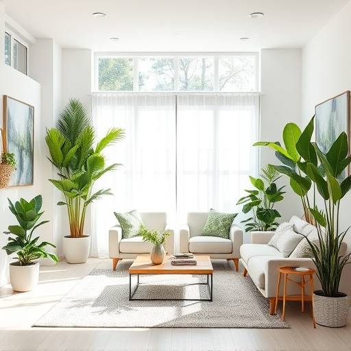 Salon moderne et lumineux avec des plantes vertes et des meubles confortables